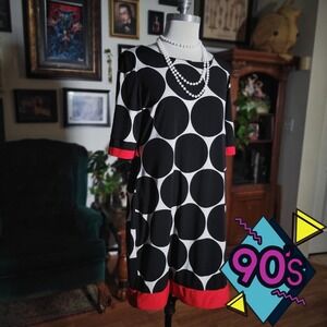 Vintage 90s Karin Stevens Black White Red Polka Dot Dress Women Midi Casual